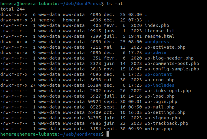 Liste des fichiers WordPress après extraction