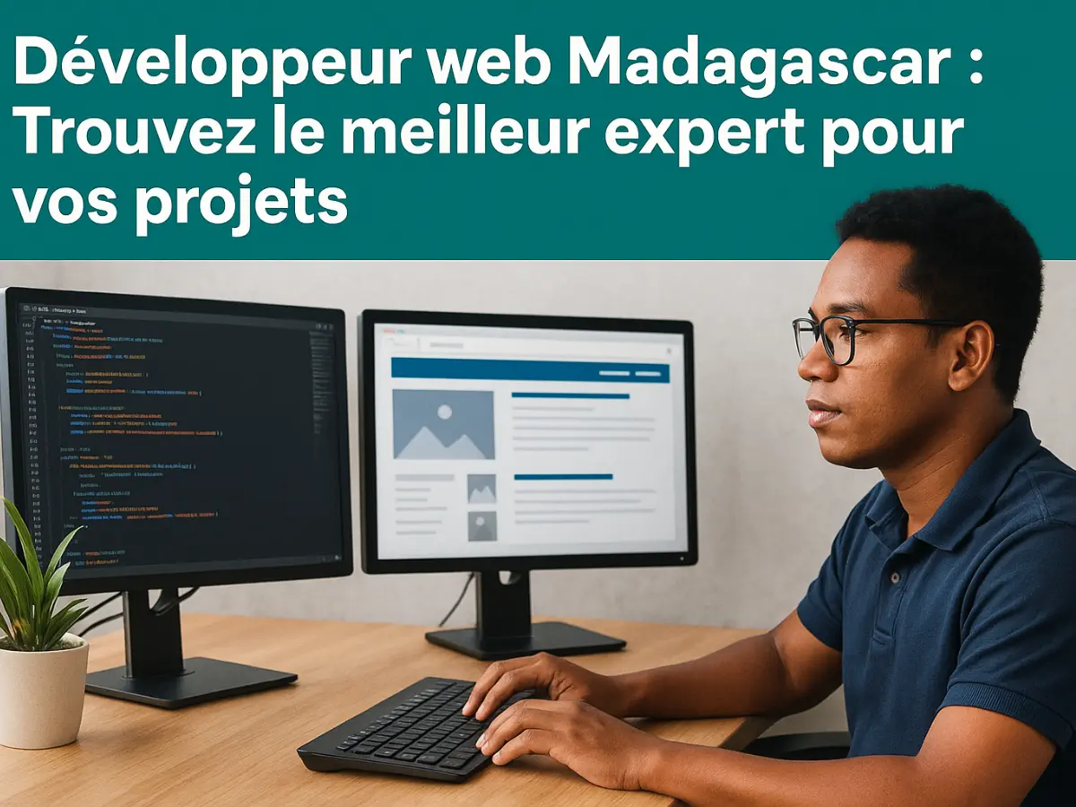 Développeur web à Madagascar travaillant sur la création d’un site internet professionnel avec double écran – expert en développement et création site web Madagascar