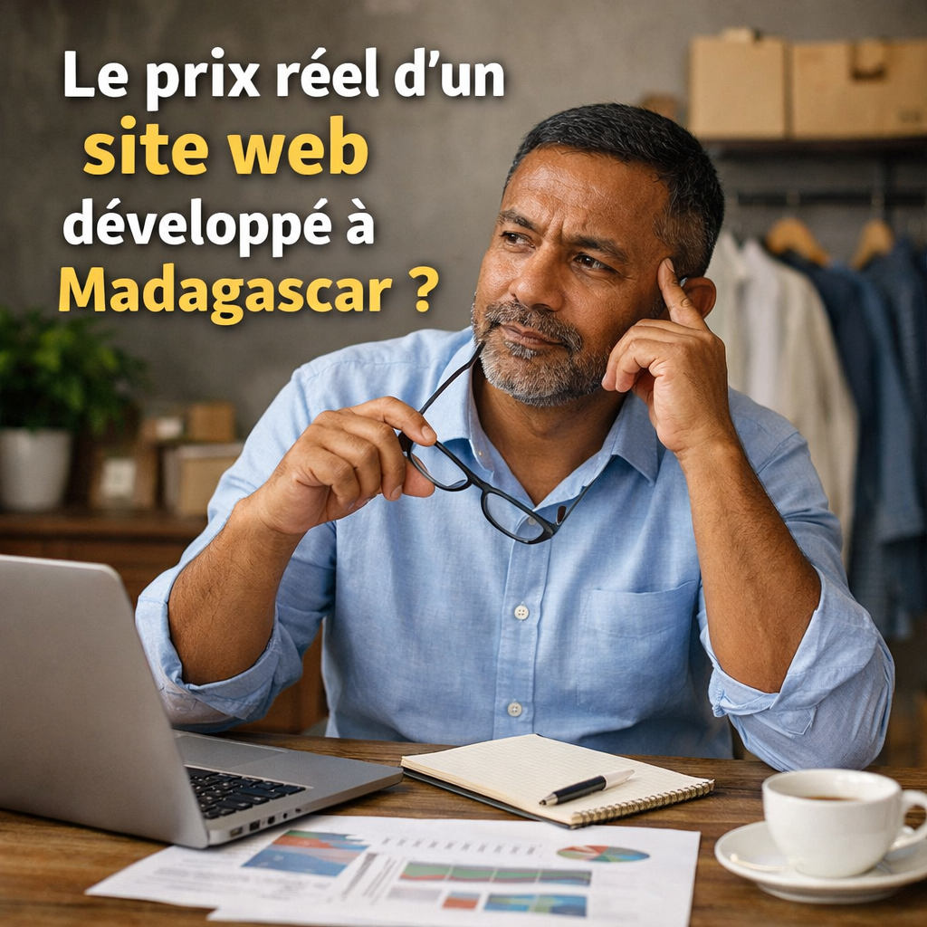 Chef d’entreprise à Madagascar réfléchissant au coût et à la faisabilité d’un projet de création de site web professionnel