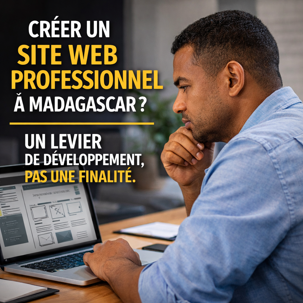 création de site web professionnel à Madagascar avec entrepreneur en réflexion stratégique devant son ordinateur