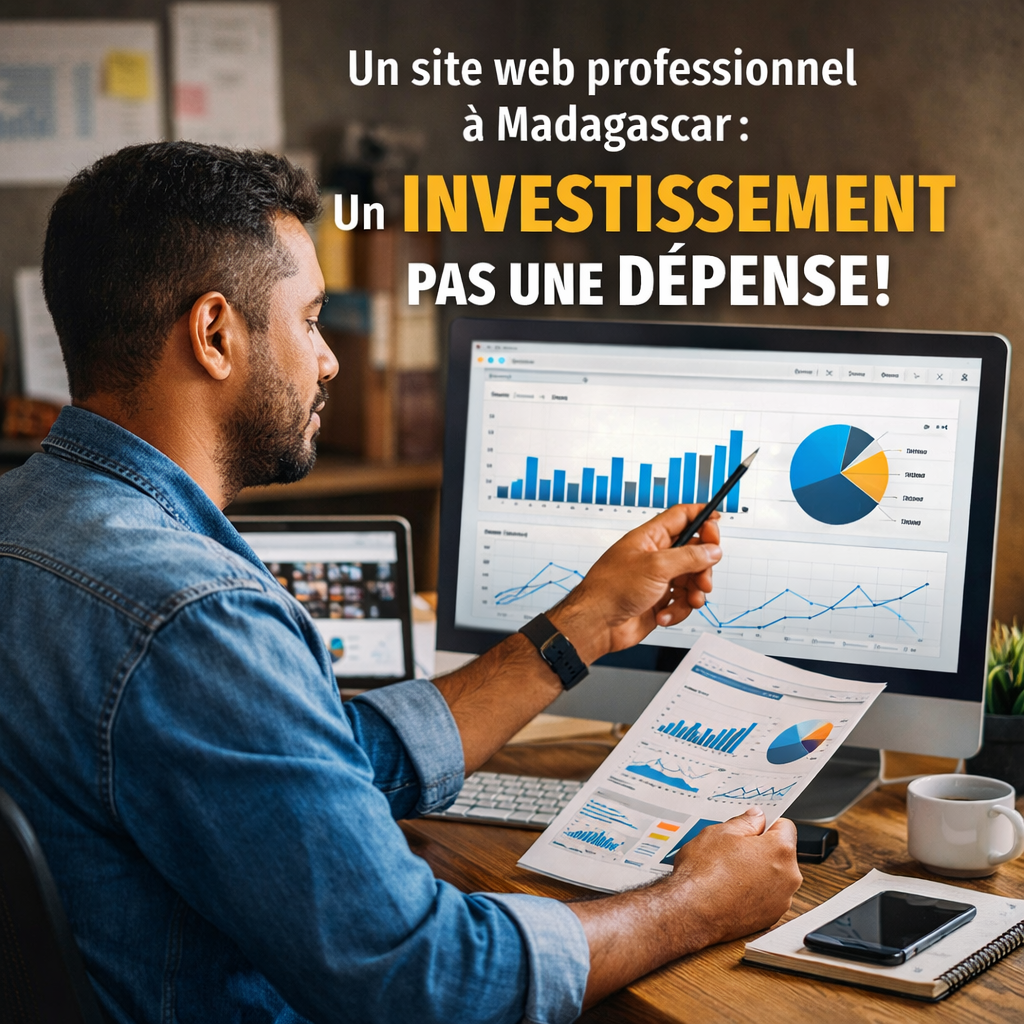 Entrepreneur à Madagascar analysant les performances de son site web professionnel et sa stratégie digitale