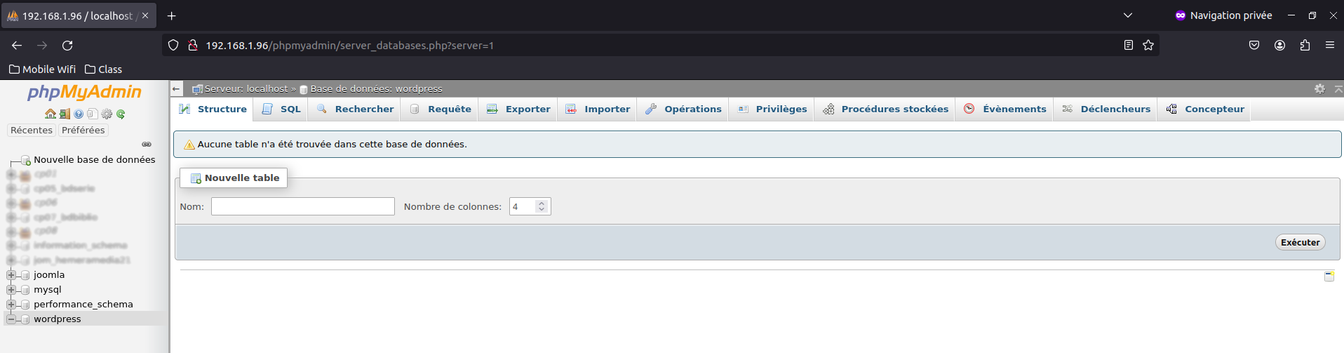 Création de la base de données WordPress avec PhpMyAdmin