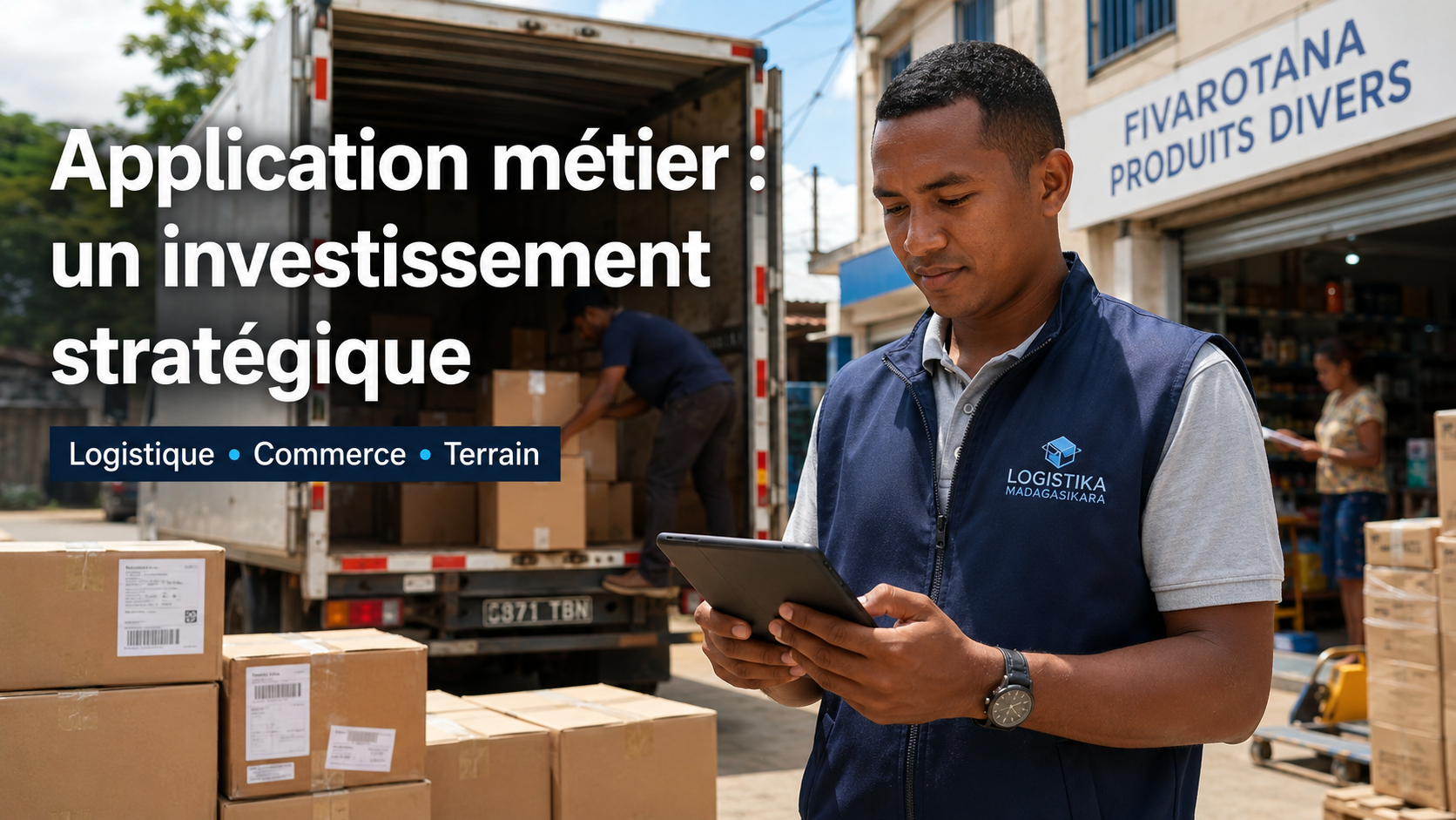 Professionnel malgache utilisant une application métier sur tablette pour optimiser la logistique et le commerce à Madagascar