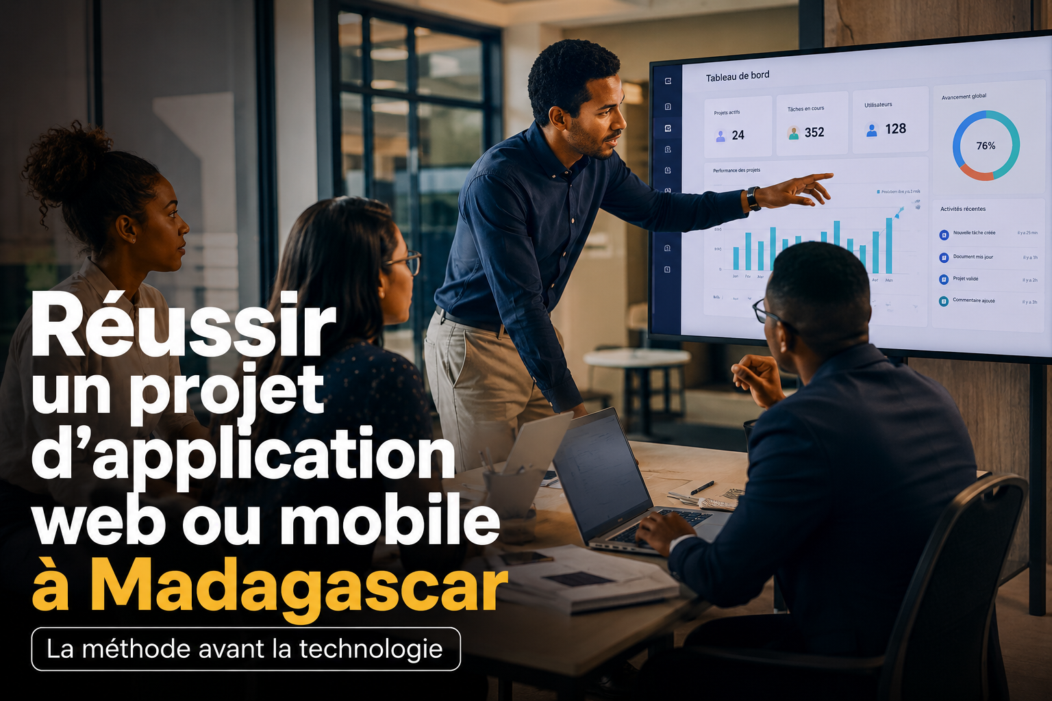 Équipe en réunion sur un projet d'application métier sur mesure à Madagascar
