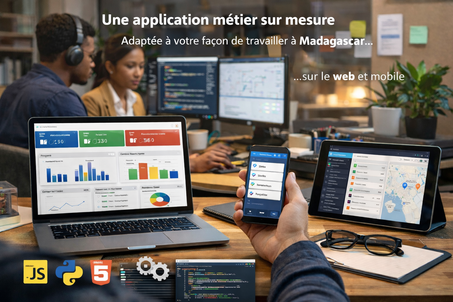 Application métier sur mesure à Madagascar : équipe travaillant sur un outil digital adapté aux besoins d’entreprise