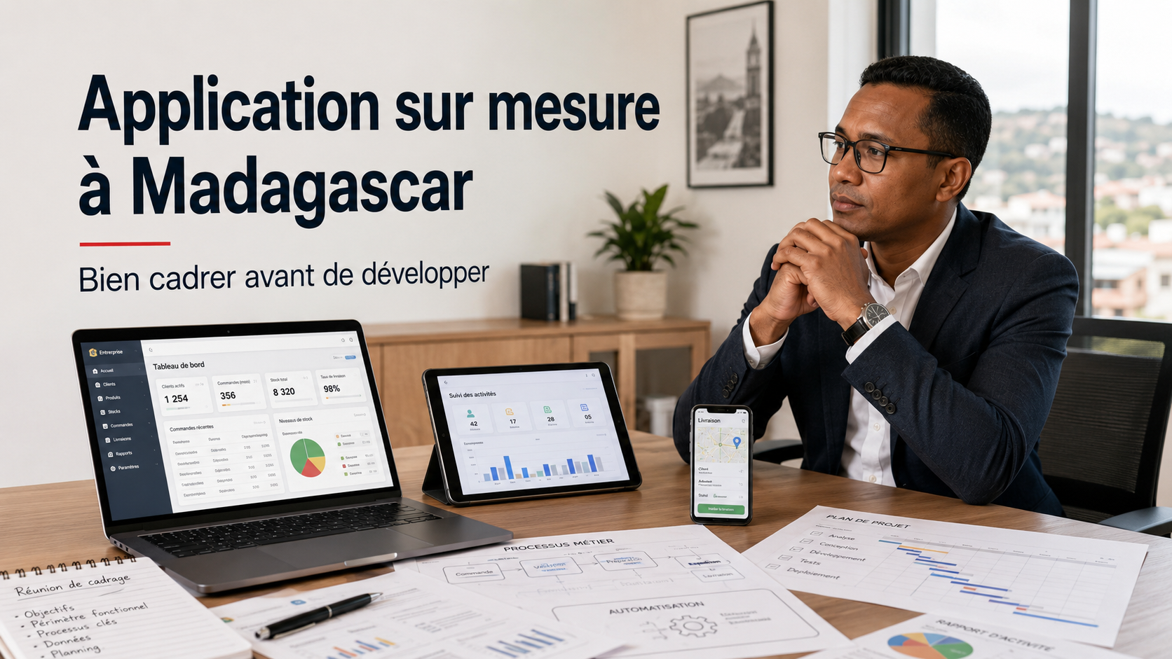 Dirigeant malgache préparant le cadrage d’un projet d’application sur mesure à Madagascar avec tableau de bord, documents métier et outils digitaux