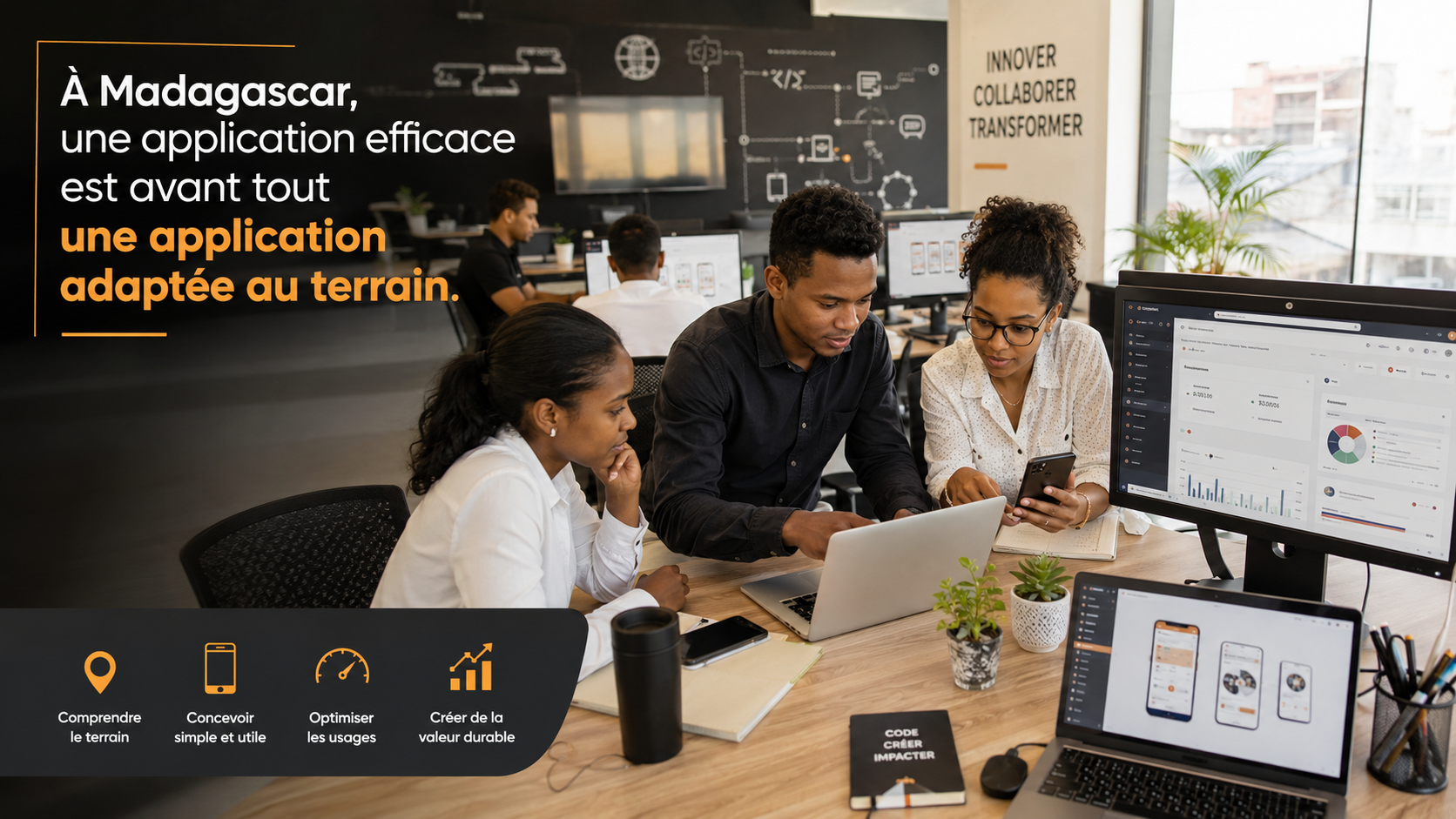 Développement d’application web et mobile à Madagascar avec équipe de développeurs malgaches travaillant sur un projet numérique professionnel