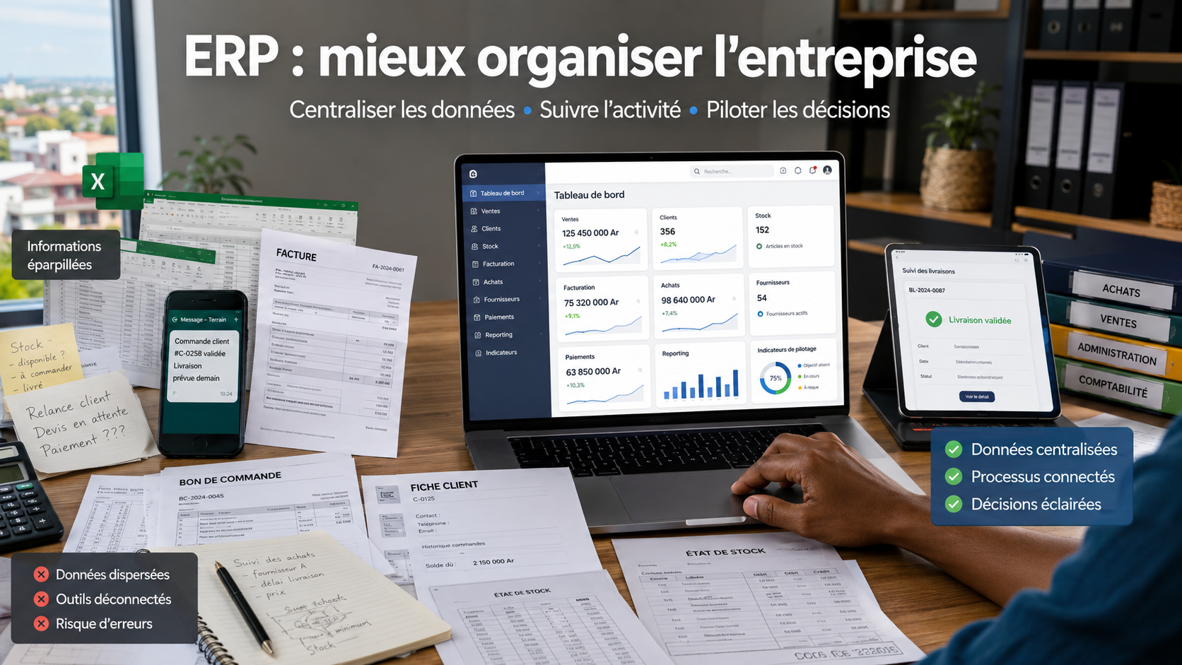Interface ERP pour PME à Madagascar centralisant les ventes, stocks, facturation, clients et données de gestion