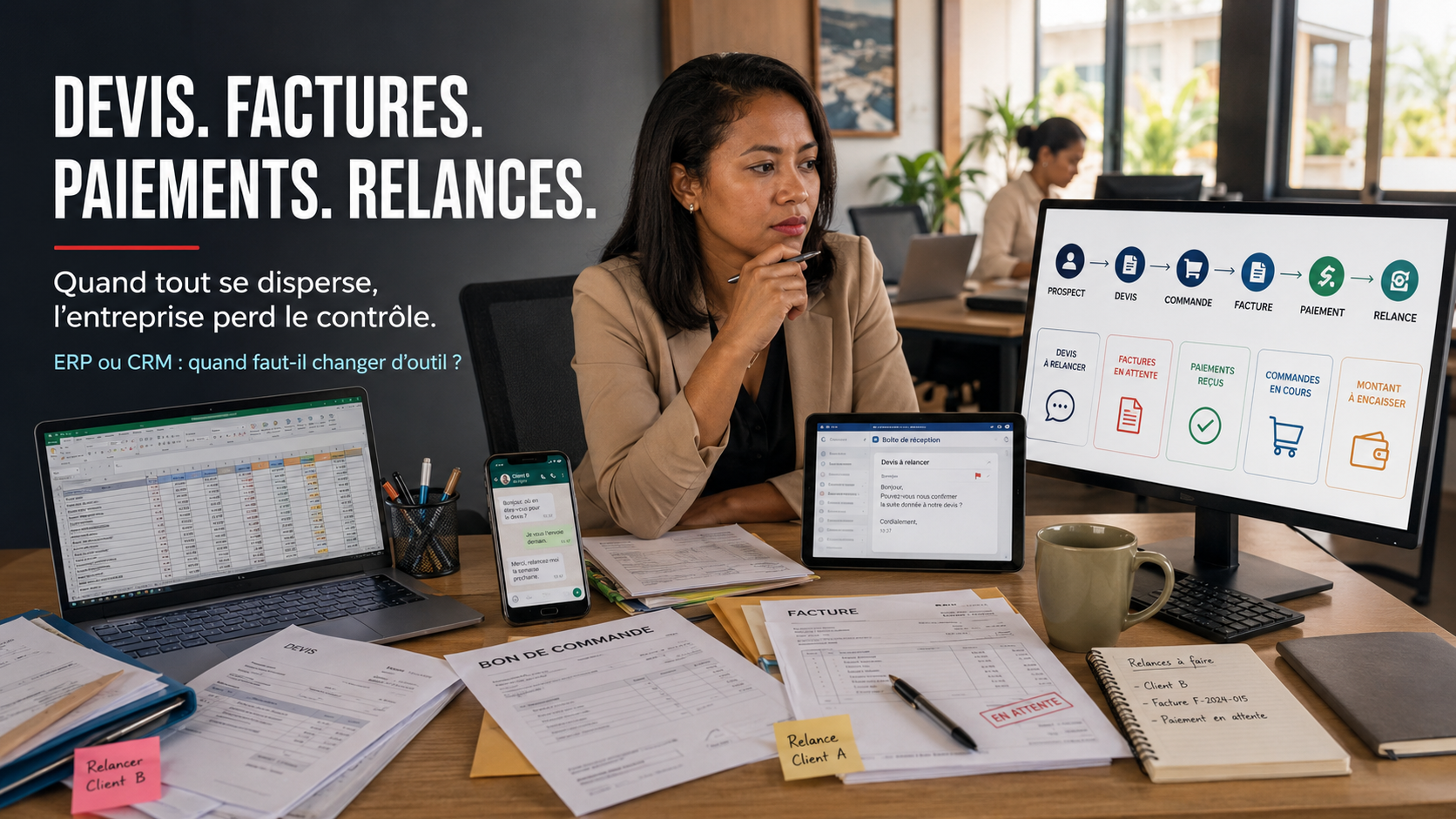 Responsable commerciale malgache structurant devis, factures, paiements et relances avec un ERP ou CRM à Madagascar