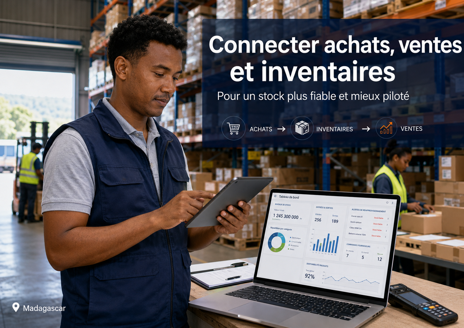 Gestion de stock à Madagascar avec achats, ventes et inventaires connectés dans un entrepôt utilisant des outils digitaux