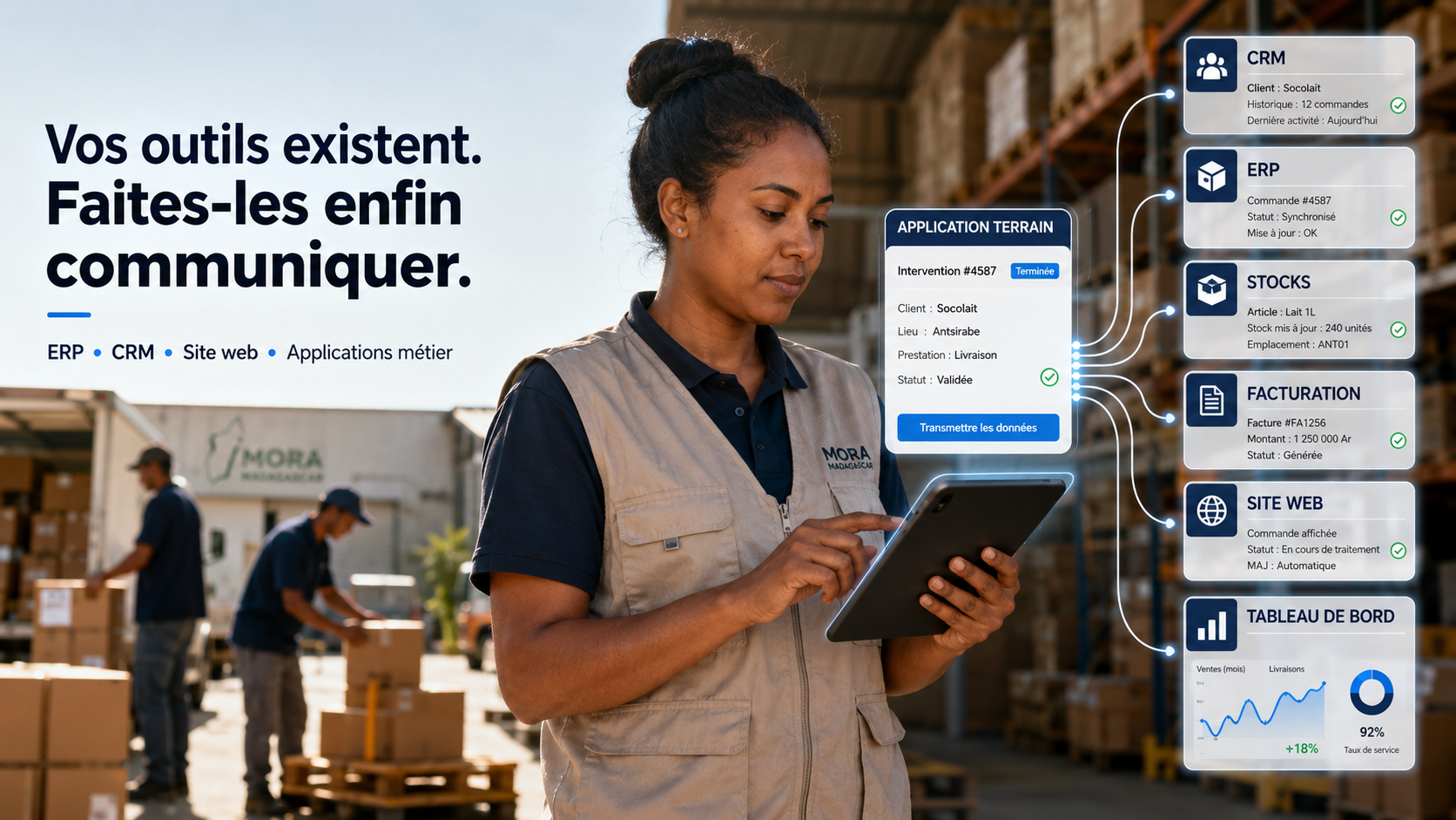 Responsable logistique à Madagascar connectant une application métier à un ERP, un CRM, un site web et un tableau de bord