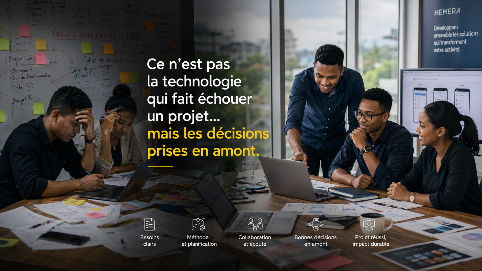 Réunion de développeurs et collaborateurs malgaches autour d’un projet d’application web et mobile à Madagascar illustrant les causes fréquentes d’échec des projets numériques