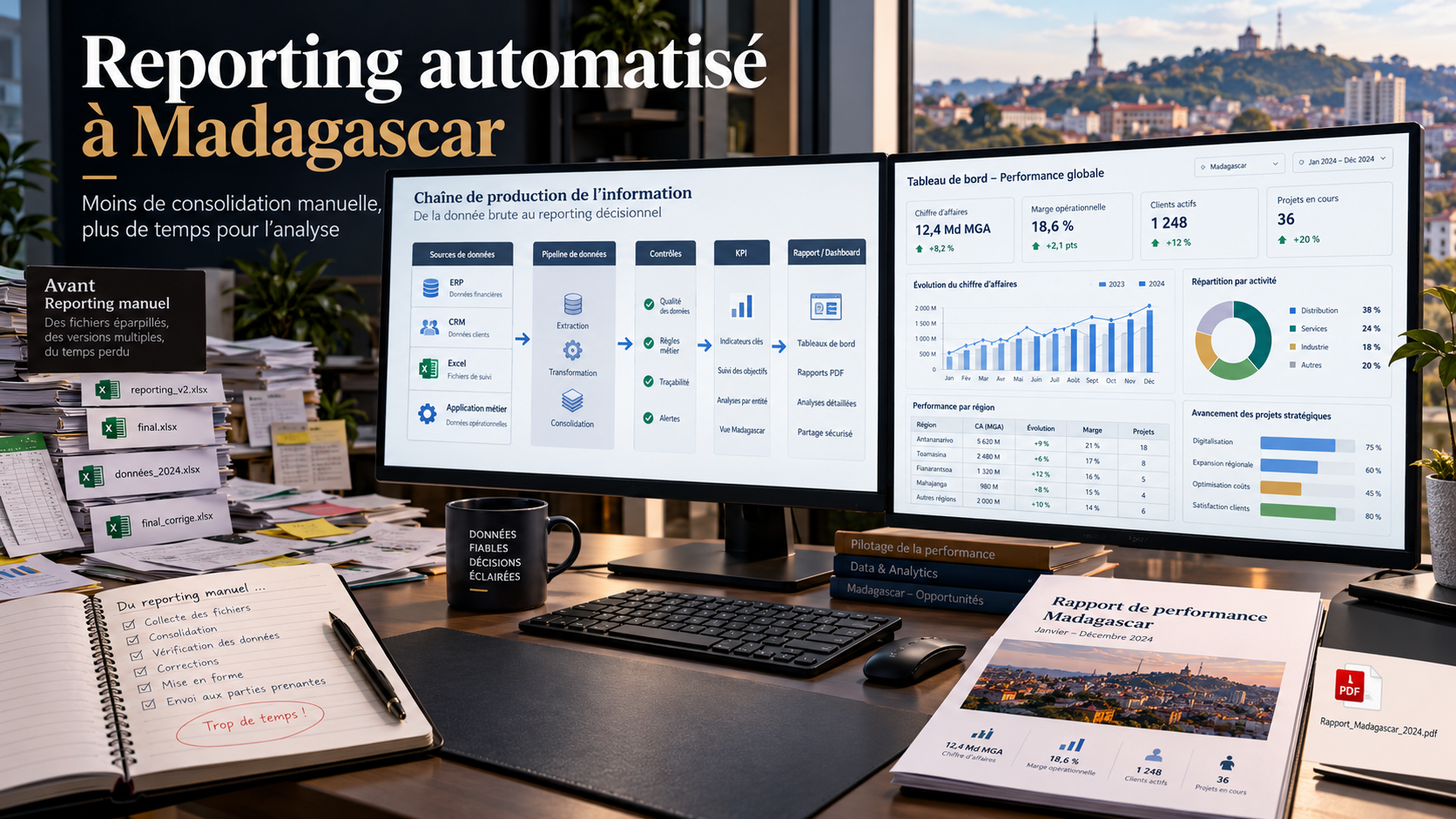 Reporting automatisé à Madagascar : analyste de données supervisant la consolidation des données ERP, CRM et Excel pour produire des rapports fiables et des tableaux de bord décisionnels
